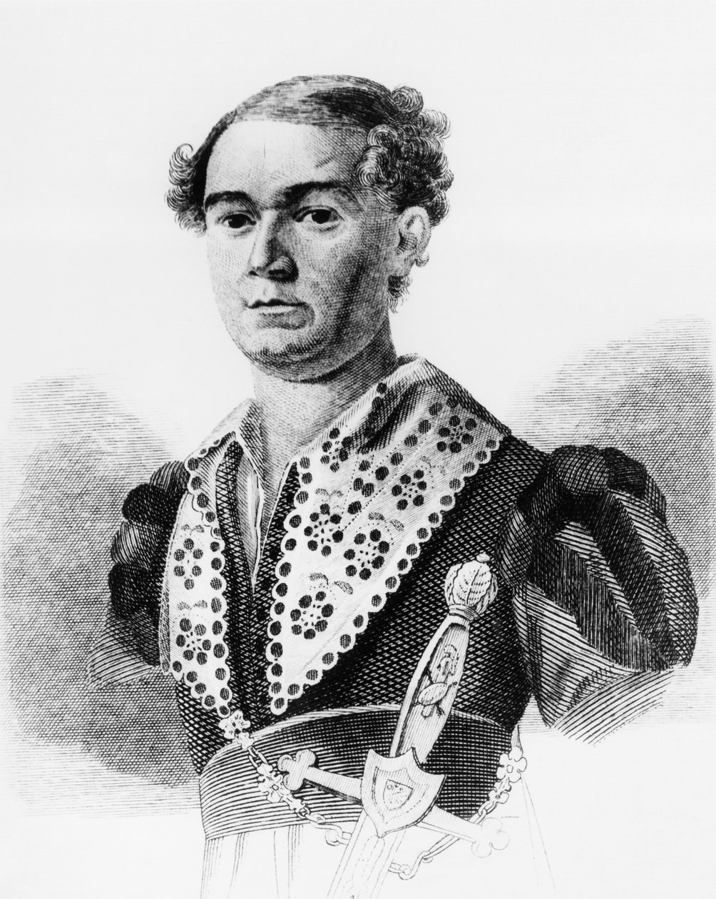 ロシアの俳優、ワシリー・アンドレーヴィチ・カラティギン（1802-1853）の肖像（1825年に出版されたFaddey Venediktovich Bulgarinのアンソロジー「Russkaya Talia」のエングレーヴィング 作： ウォルターチャールズミルズ