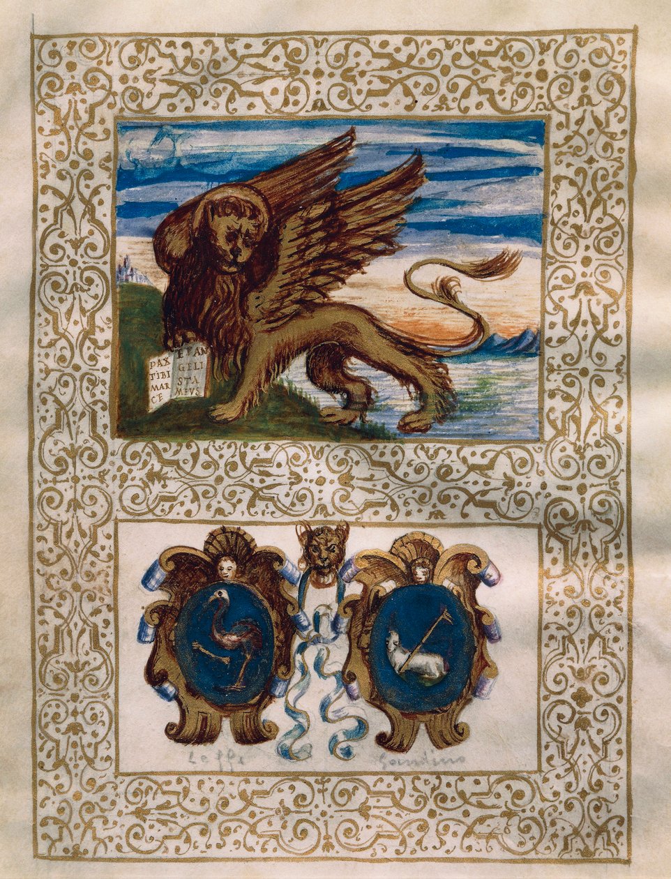 ヴェネツィアの翼のある獅子とレフェとガンディーノの紋章、6月18日のPrivilegio della Serenissima alla Val Gandinoのミニチュア 作： ウォルターチャールズミルズ