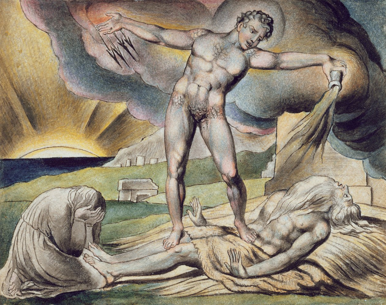 サタンはおできでヨブを叩き、ウィリアム・ブレイク（1757-1827）c.1823の後の「ヨブ記のイラスト」の6ページ（ペンとインクで紙にウォッシュ） 作： ジョン・リンネル