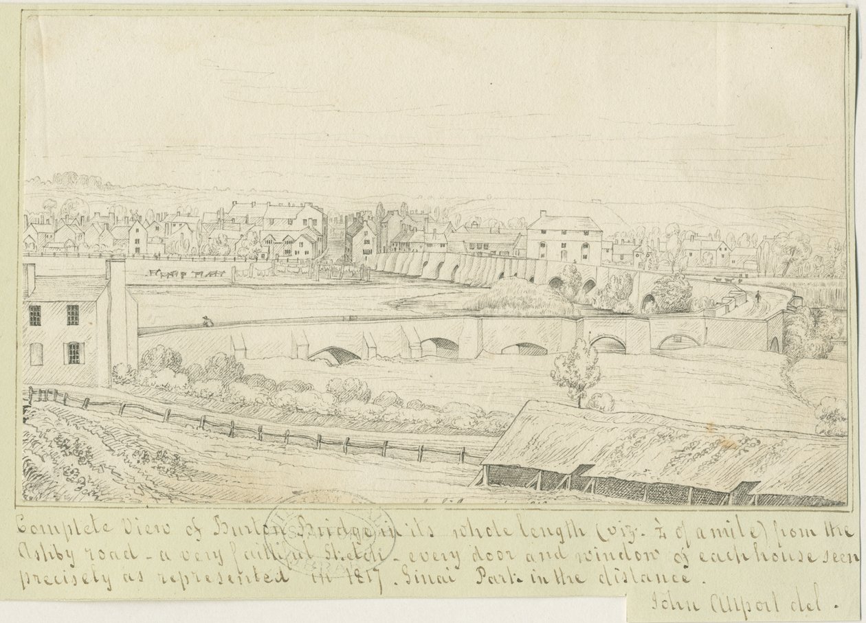 バートンアポントレント橋と町：ペン画、1817 作： ジョン・オールポート