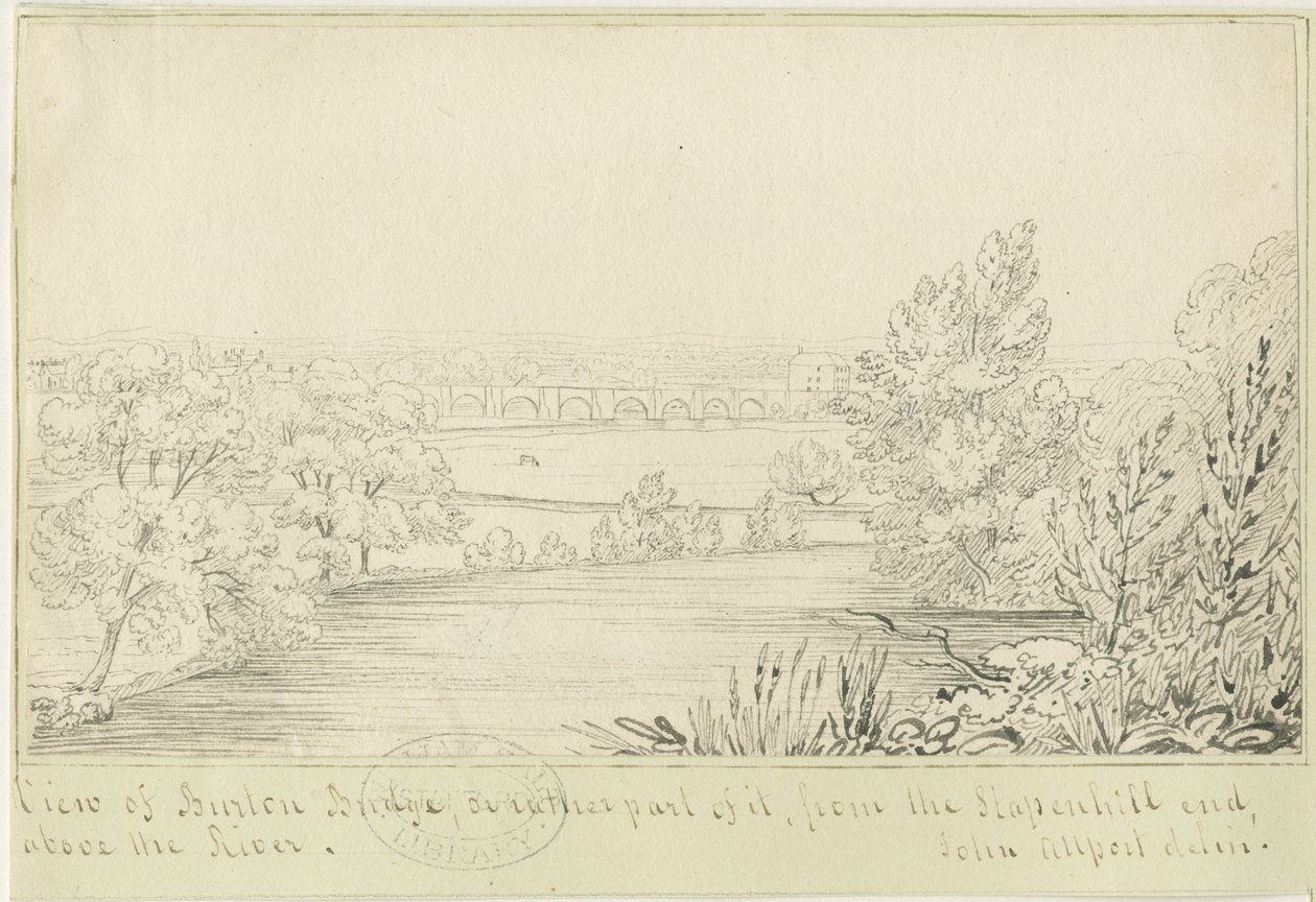 バートン・アポン・トレント橋と町：ペン画、nd [c 1817]（描画） 作： ジョン・オールポート