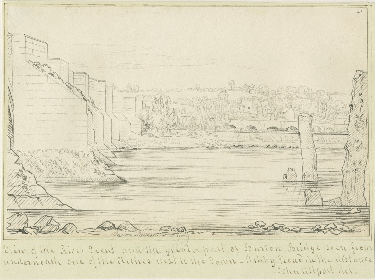バートン・アポン・トレント橋と町：ペン画、nd [c 1817]（描画） 作： ジョン・オールポート