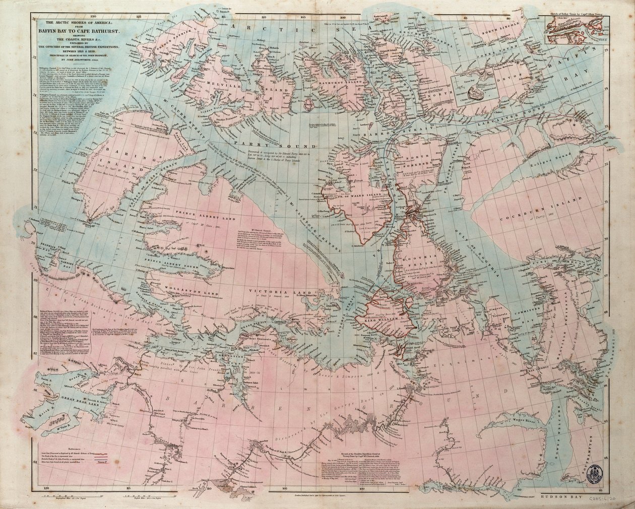 バフィン湾からバサースト岬に至るアメリカの北極海岸。1818年から1859年にかけて、イギリスの探検隊の将校たちによって探検された海岸と河川を示す。 作： ジョン・アロウスミス