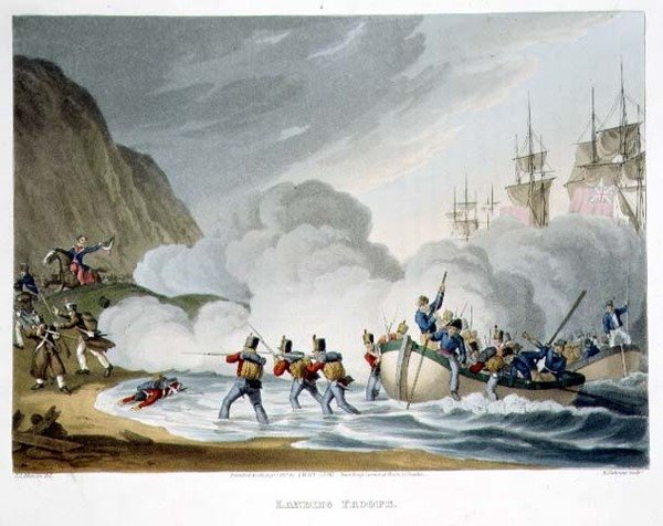 エドワード・オルム（1774-1820）が出版した「Historic, Military and Naval Anecdotes」からマシュー・デュブール（1813-20年）が彫った軍の上陸図 1817年（アクアチント）。 作： ジョンオーガスタス（後）アトキンソン