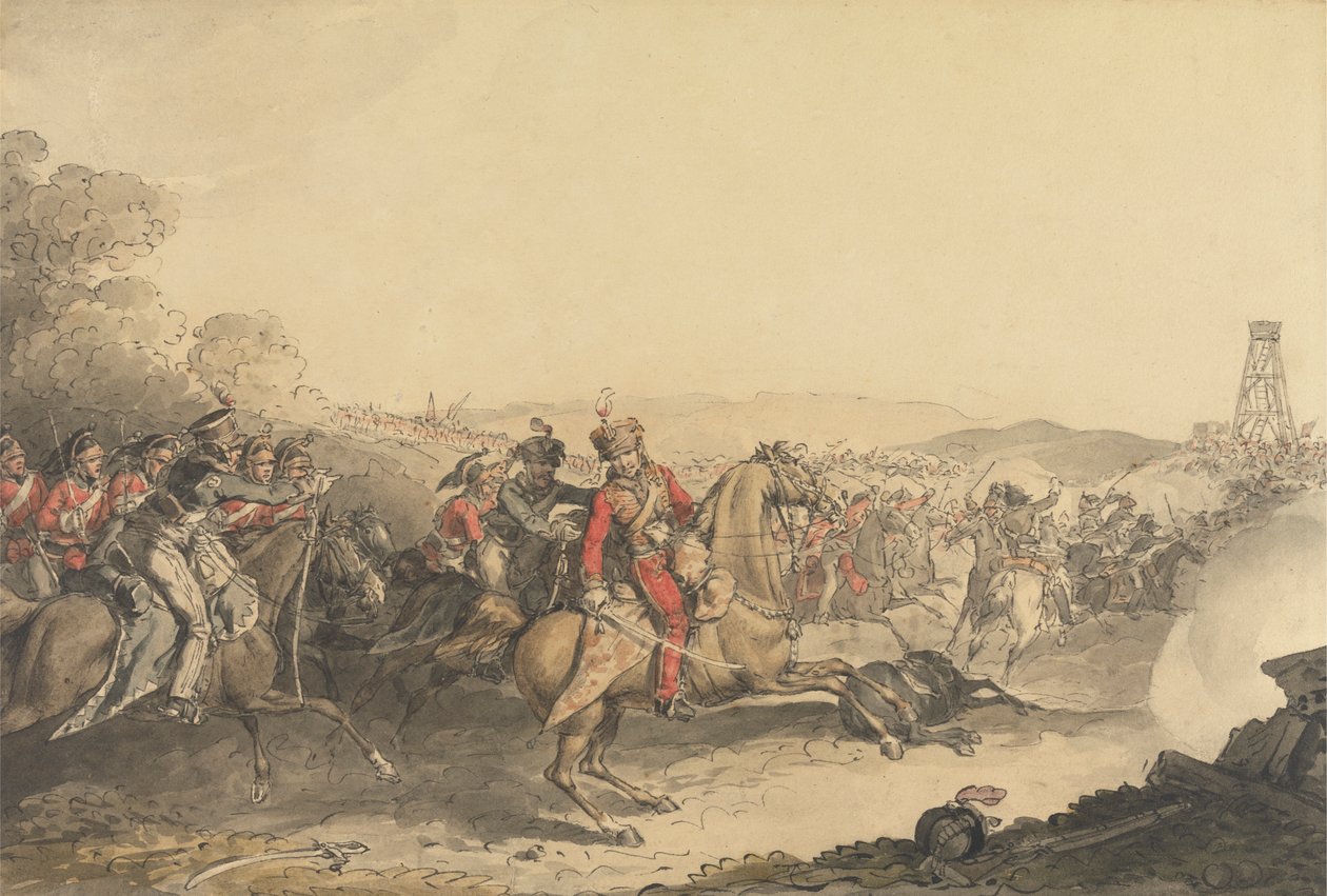 O Marquês de Anglesey ferido enquanto liderava uma carga de cavalaria pesada no final da Batalha de Waterloo 作： ジョン・オーガスタス・アトキンソン