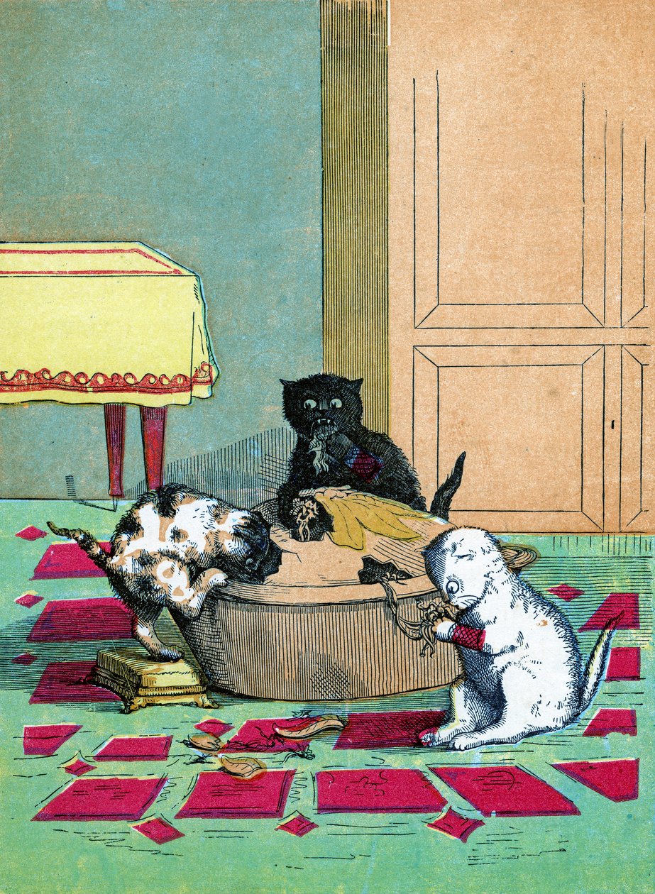 ミトンを着てパイを食べる3匹の子猫、1859年の「3匹の子猫」のイラスト 作： ジョン・バランタイン