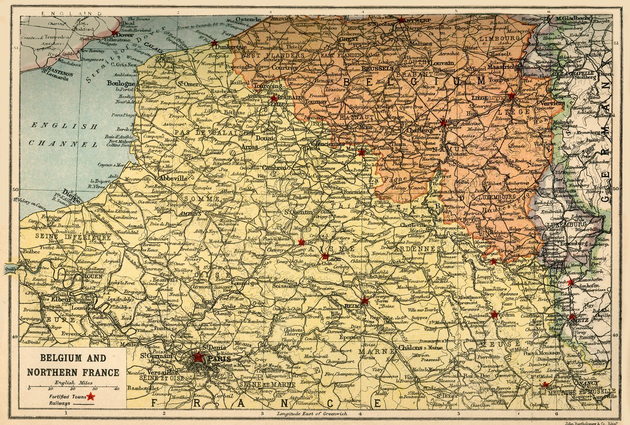 ベルギーと北フランスの地図、c1914、c1920。 作： ジョン・バーソロミューと息子
