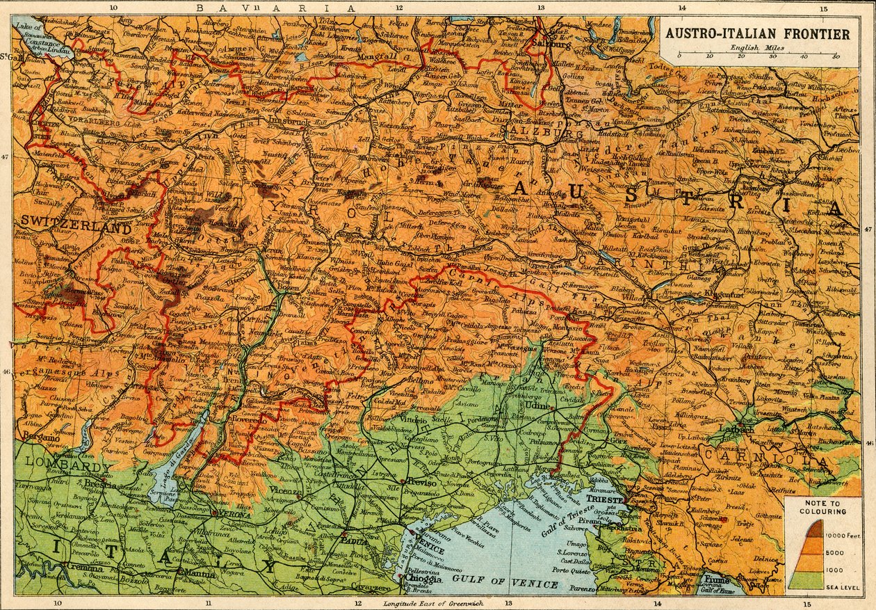 オーストリアイタリアのフロンティア、第一次世界大戦、c1920の地図。 作： ジョン・バーソロミューと息子