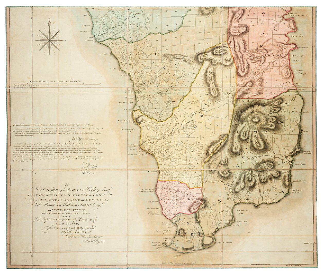 1776年、ジョン・バレス測量主任による、ドミニカ島の実測図。 作： ジョン・ベイリー