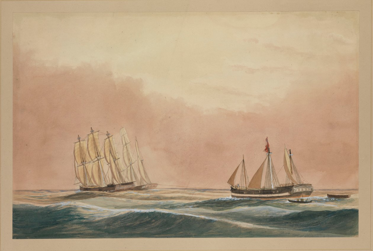 バルク「Otter」と船「City of Poona」によってモーリシャスまで曳航される「Futty Satam号」1851年頃（水彩画） 作： ジョン・ベケット・ホジソン