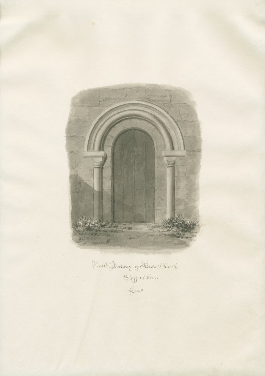 Alrewas Church - North Doorway: sepia drawing 作： ジョン・バックラー
