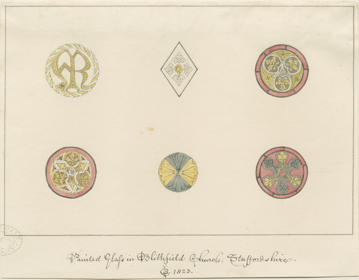 ブリスフィールド教会-塗装ガラス：鉛筆画、1823年 作： ジョン・バックラー