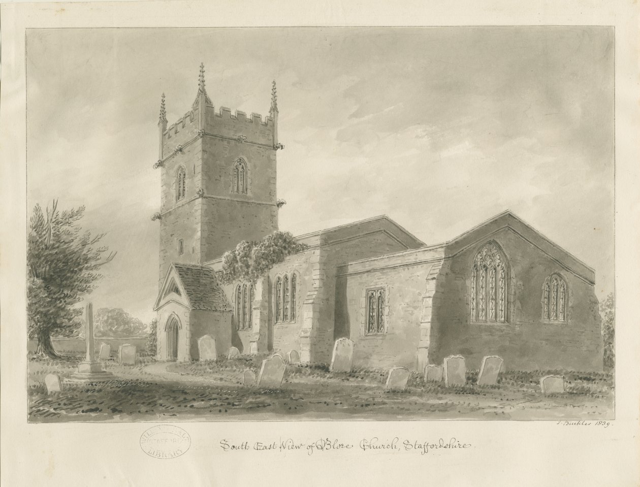 Blore Church：セピア色のデッサン、1839年 作： ジョン・バックラー