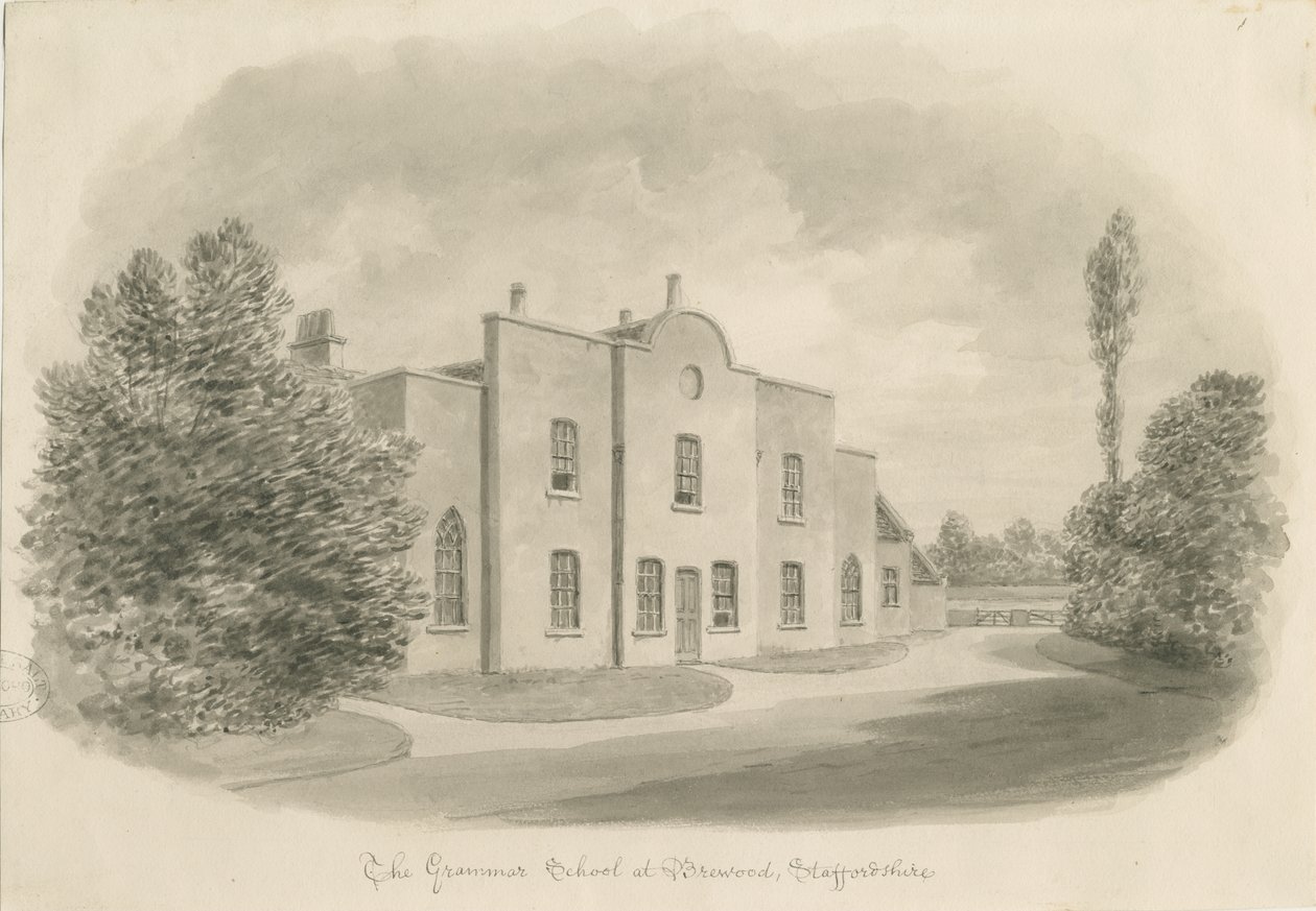 Brewood Grammar School：セピア色のデッサン、nd [c 1842]（デッサン） 作： ジョン・バックラー