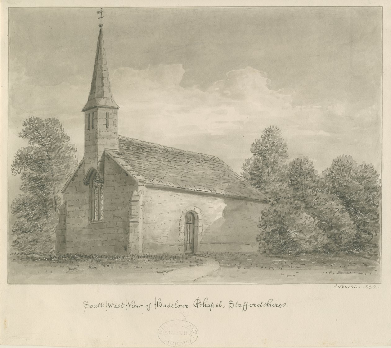 Haselour Chapel：セピア色のデッサン、1828年 作： ジョン・バックラー