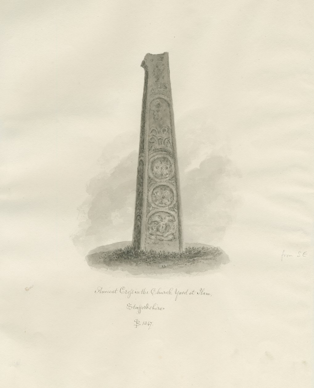 イラム教会-古代の十字架：セピア色の絵、1847年 作： ジョン・バックラー