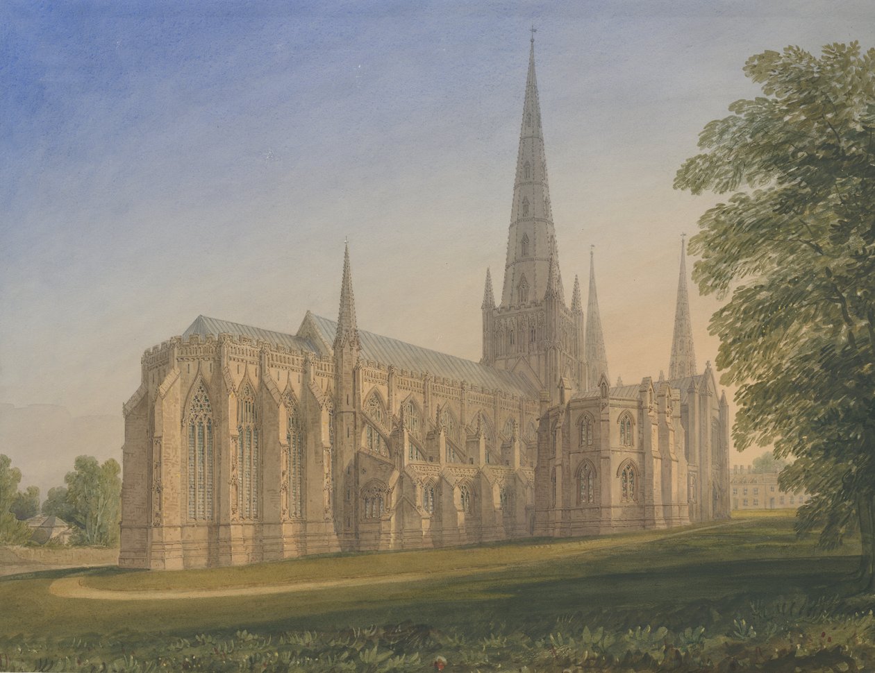 リッチフィールド大聖堂-ノースイーストビュー：水彩画、ND [1770-1851] 作： ジョン・バックラー