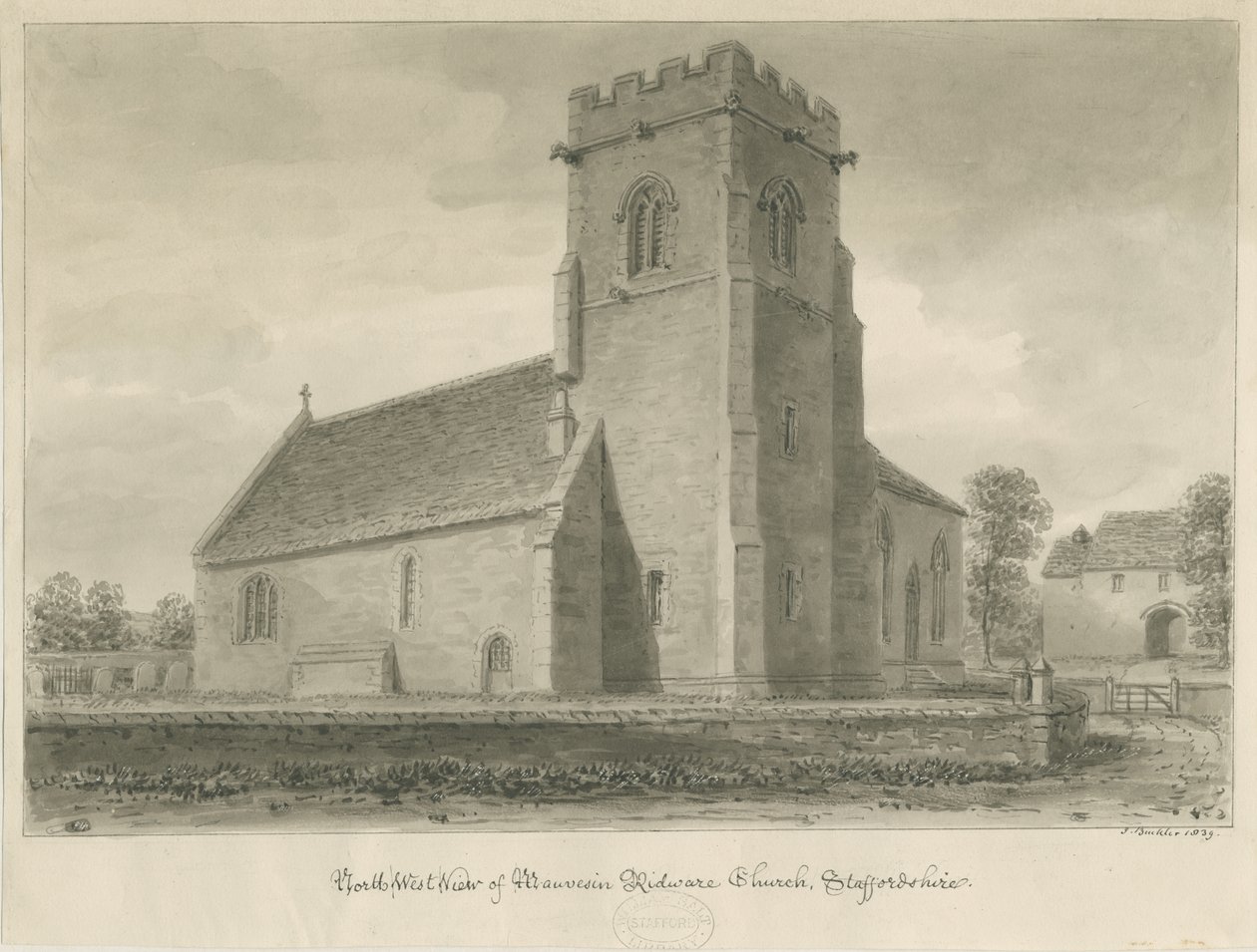 Mavesyn Ridware Church：セピアの絵、1839年 作： ジョン・バックラー