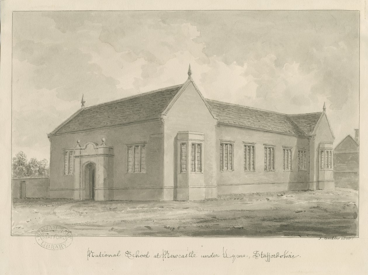 Newcastle-under-Lyme - National School: セピア色のドローイング 作： ジョン・バックラー
