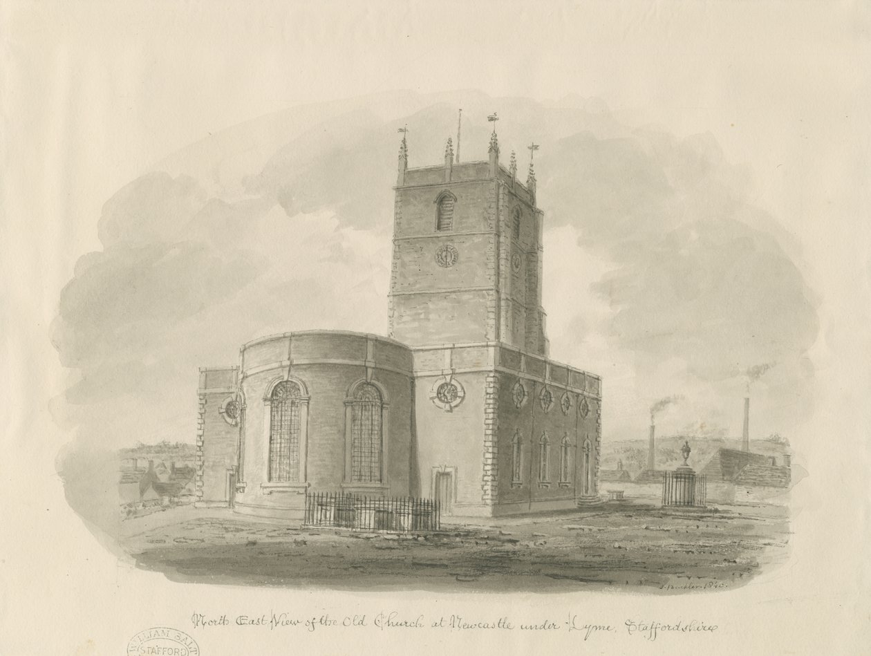 ニューカッスル・アンダー・ライム - 「St.Giles the Abbot」（旧教会）：セピア色の水彩画 作： ジョン・バックラー