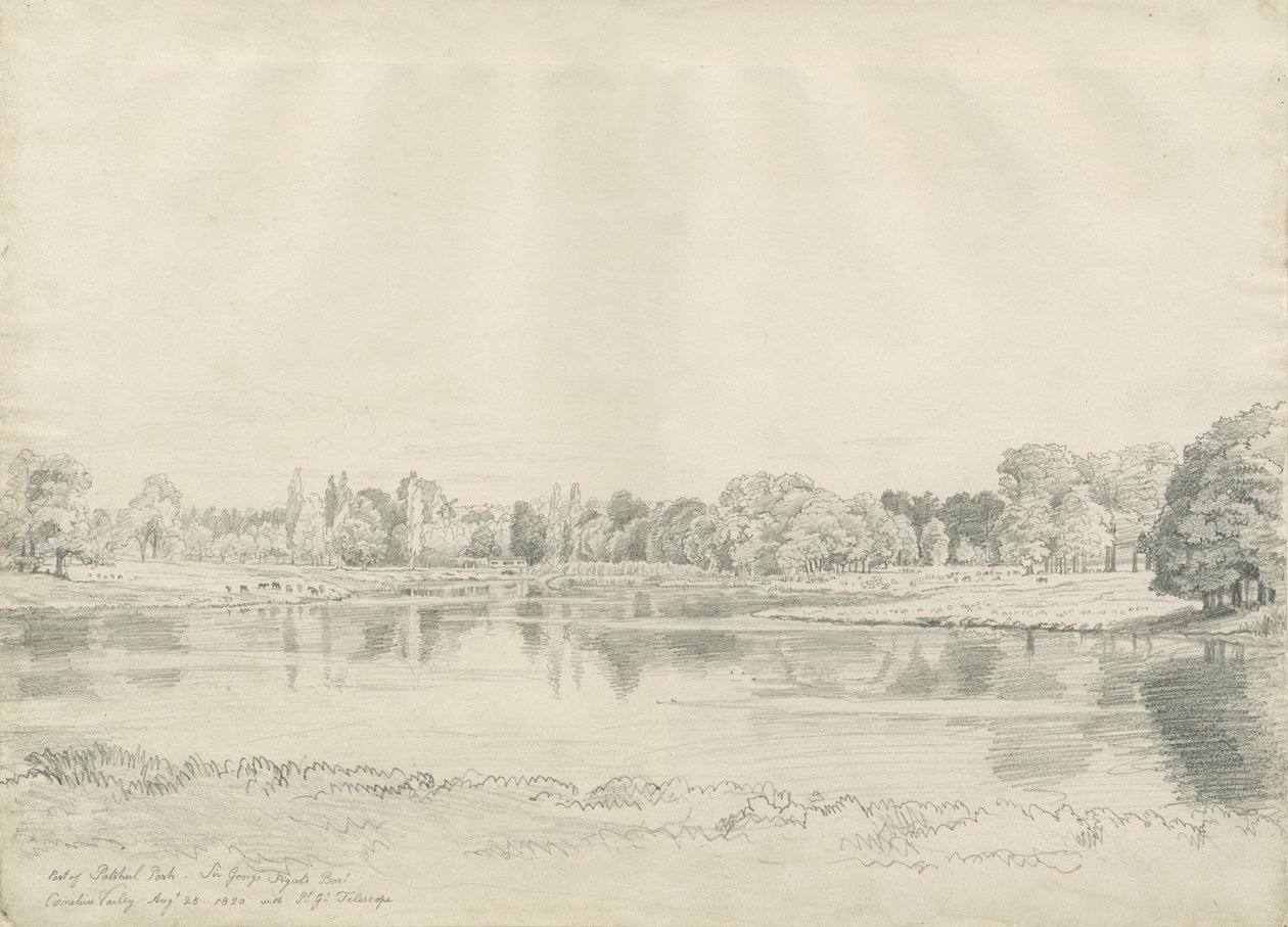 パトシュルハウス-公園とプール：鉛筆画、1820年8月25日 作： ジョン・バックラー