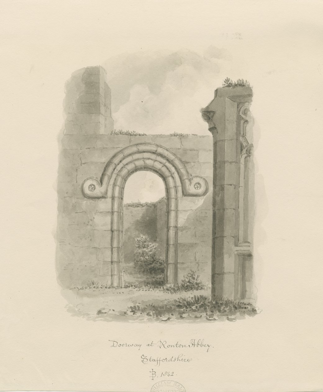Ranton Abbey [Priory] - 扉口の跡：セピア色の図面 作： ジョン・バックラー