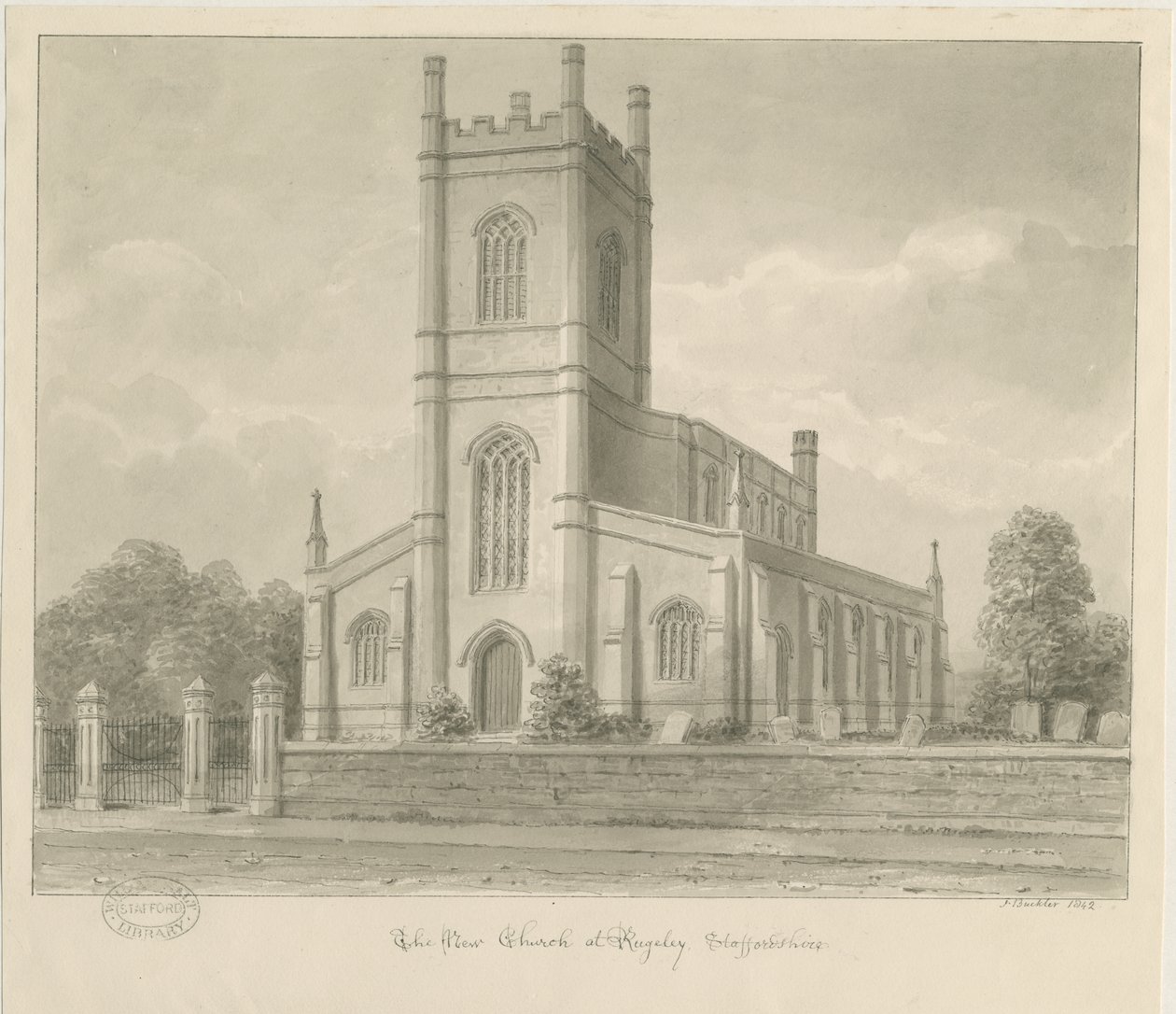 Rugeley Church（新）：セピア色のウォッシュドローイング 作： ジョン・バックラー