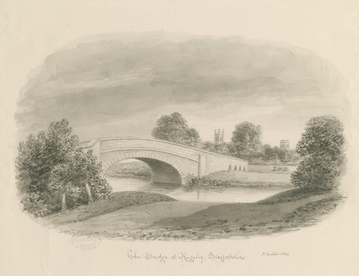 Rugeley Town-橋：セピア色のデッサン、1842年 作： ジョン・バックラー