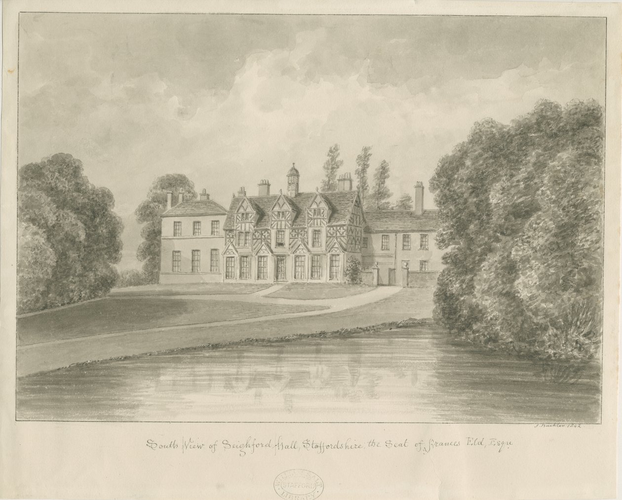 Seighford Hall：セピア色の絵 作： ジョン・バックラー