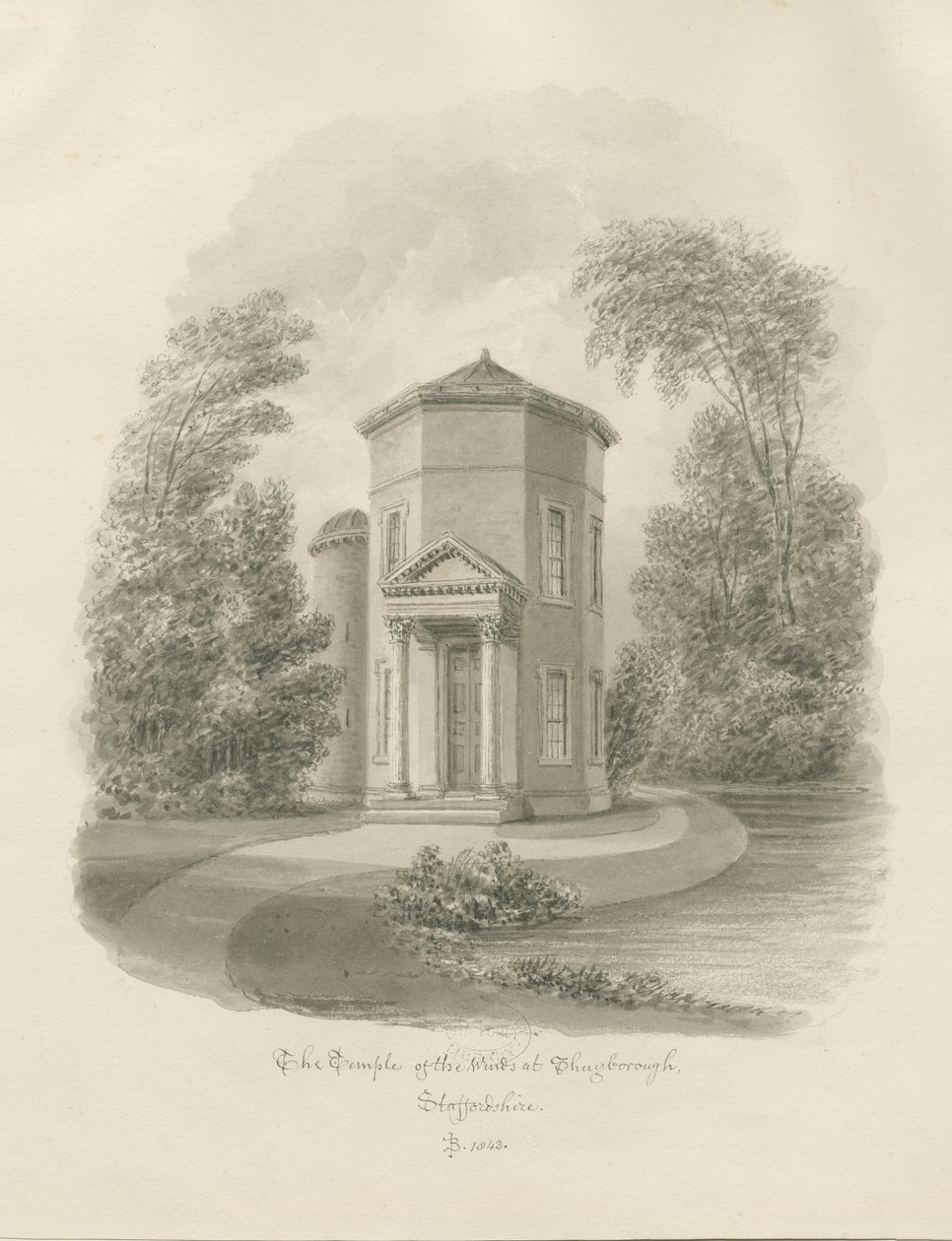 Shugborough-風の神殿：セピア画、1843 作： ジョン・バックラー