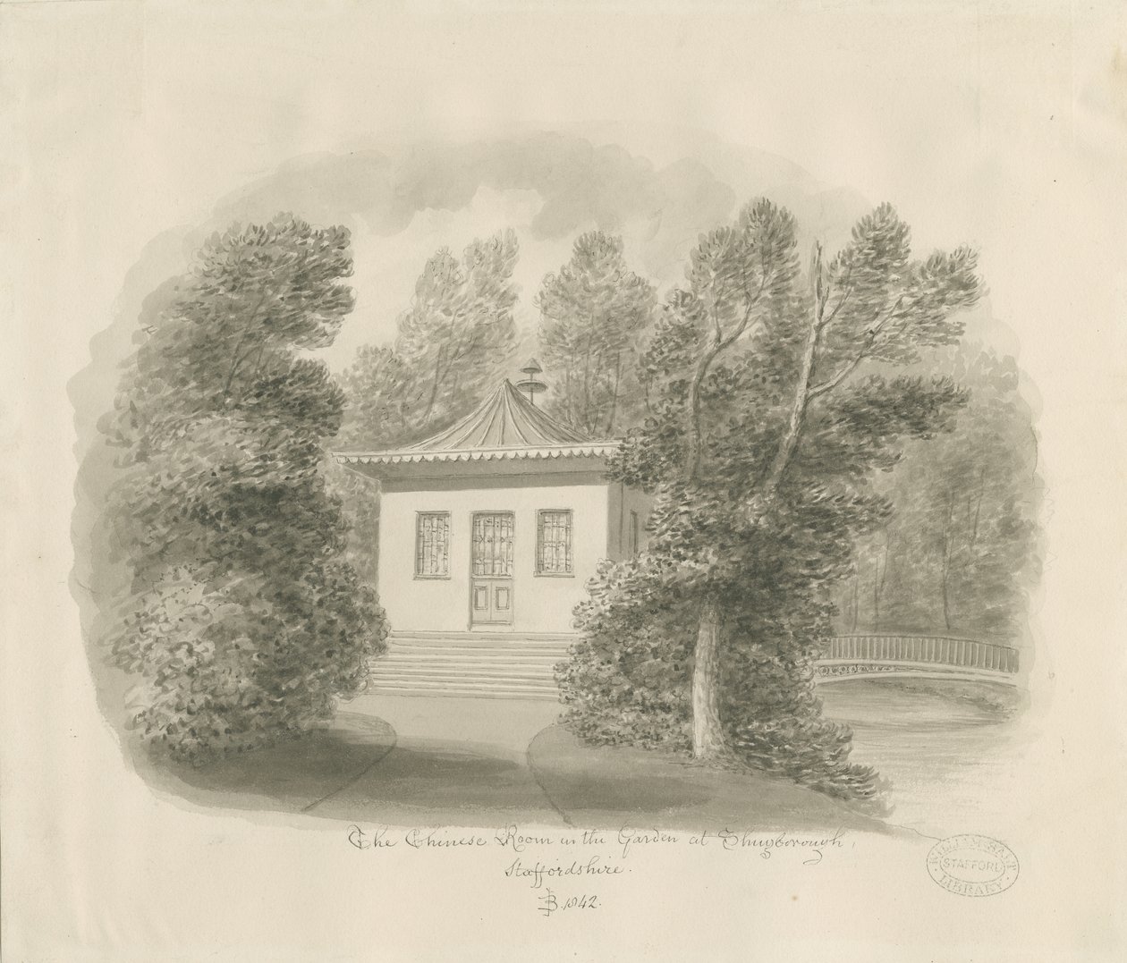 Shugborough - The Chinese Room: Sepia wash drawing 作： ジョン・バックラー