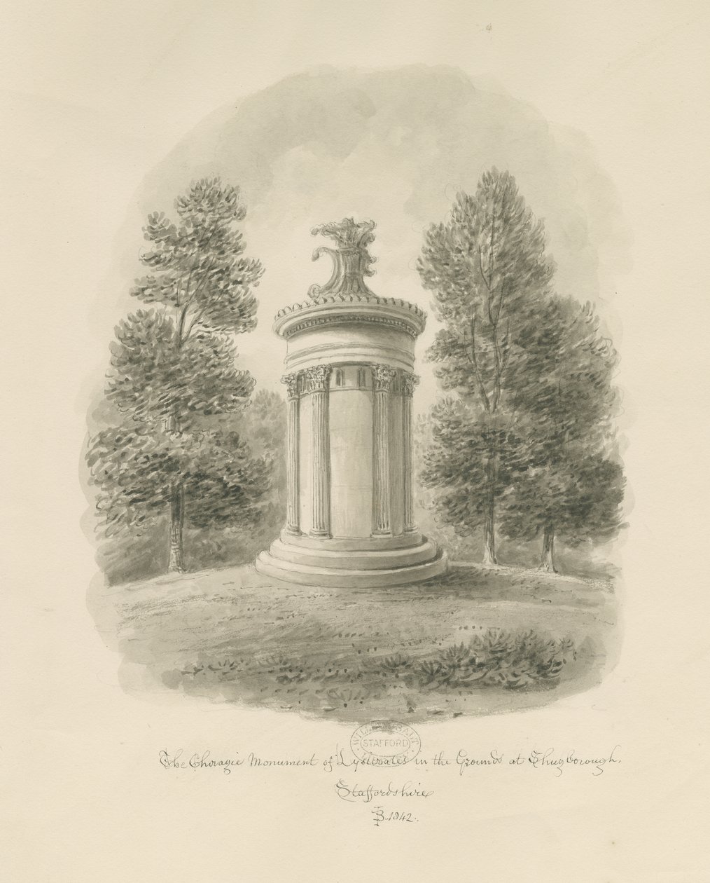 Shugborough - The Choragic Monument of Lysicrates: Sepia drawing 作： ジョン・バックラー