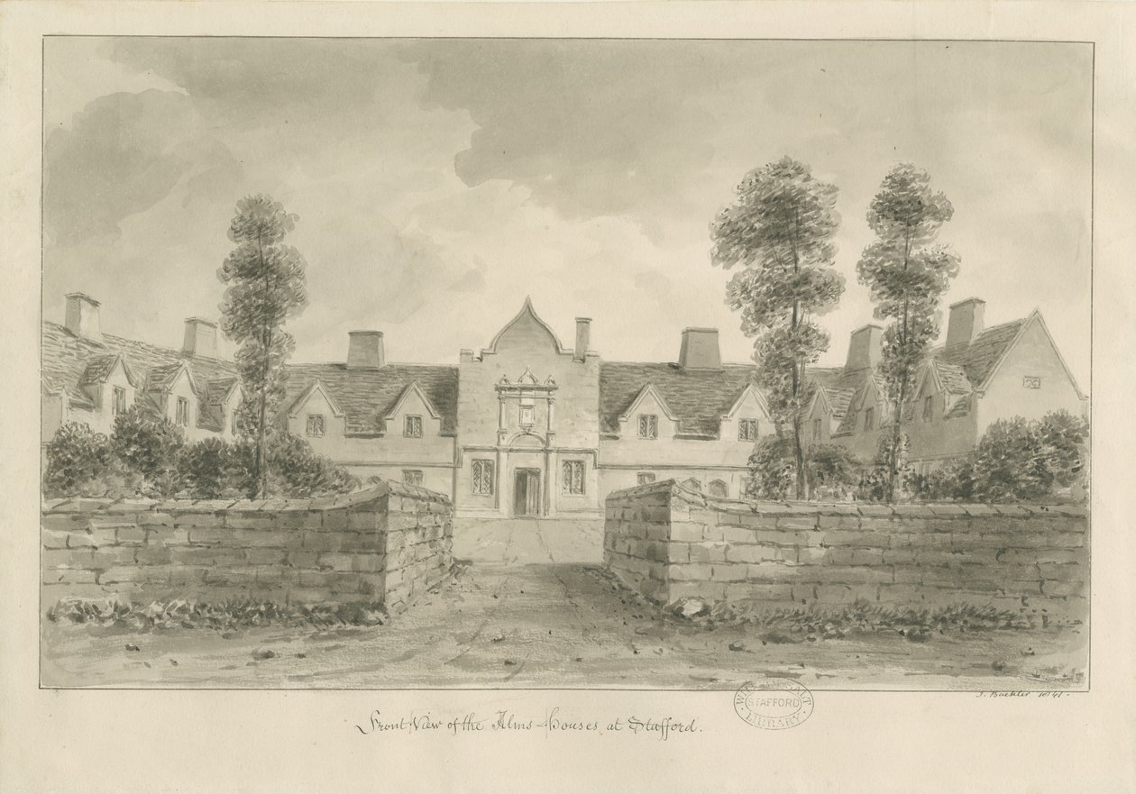 Stafford - Alms Houses: sepia drawing 作： ジョン・バックラー