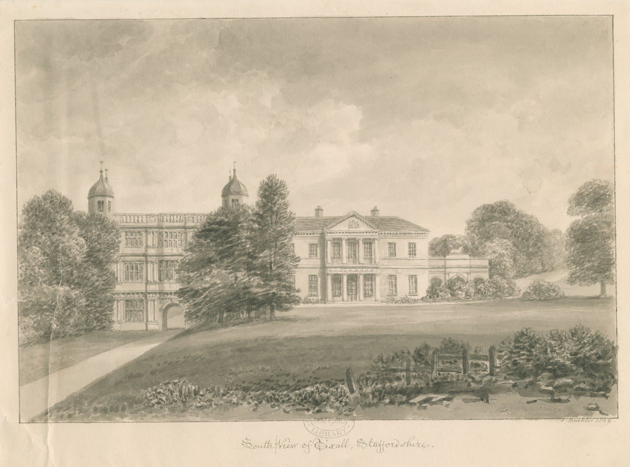 Tixall Hall and Gatehouse：セピアウォッシュドローイング、1842 作： ジョン・バックラー