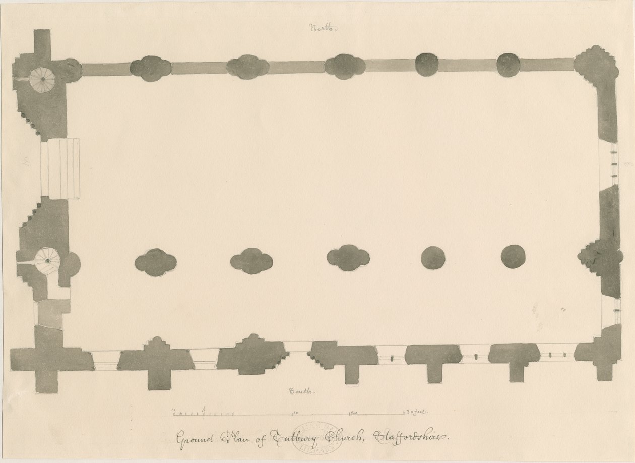 Tutbury Priory Church - Plan: pencil and sepia drawing, nd [?1812] (drawing) 作： ジョン・バックラー
