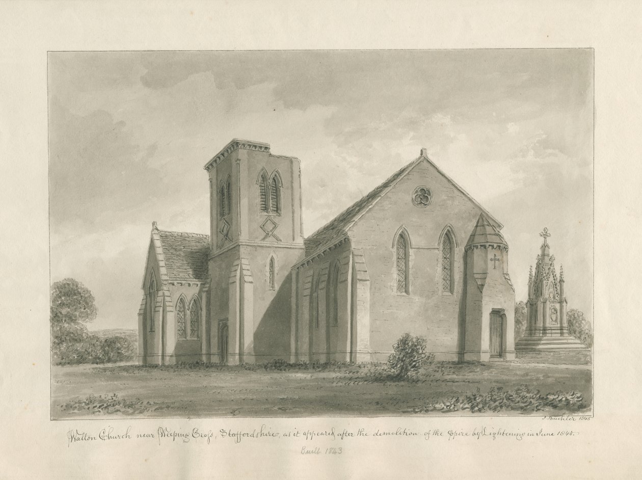 Walton-on-the-Hill Church：セピア色のウォッシュドローイング、1844年 作： ジョン・バックラー