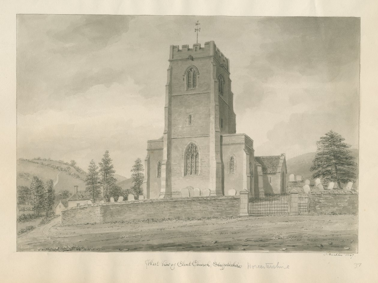 Worcestershire - Clent Church: sepia drawing 作： ジョン・バックラー