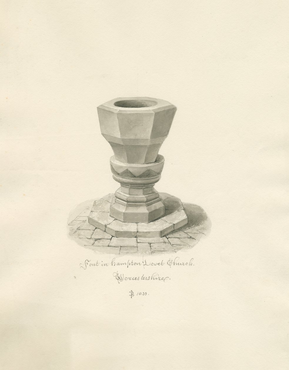 Worcestershire - Hampton Lovett Church - Font: sepia drawing 作： ジョン・バックラー