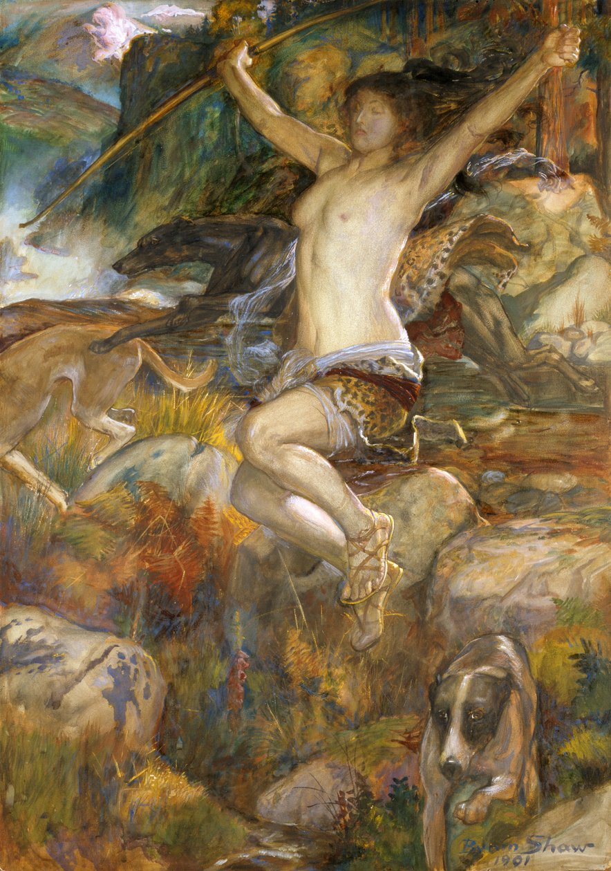 狩りのダイアナ、1901（紙にトイレ） 作： ジョン・バイアム・リストン・ショー