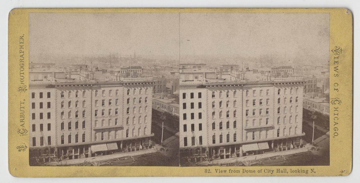 1871年のシカゴ火の前に、北を向いた市庁舎のドームからの眺めの立体写真 作： ジョン・カーバット