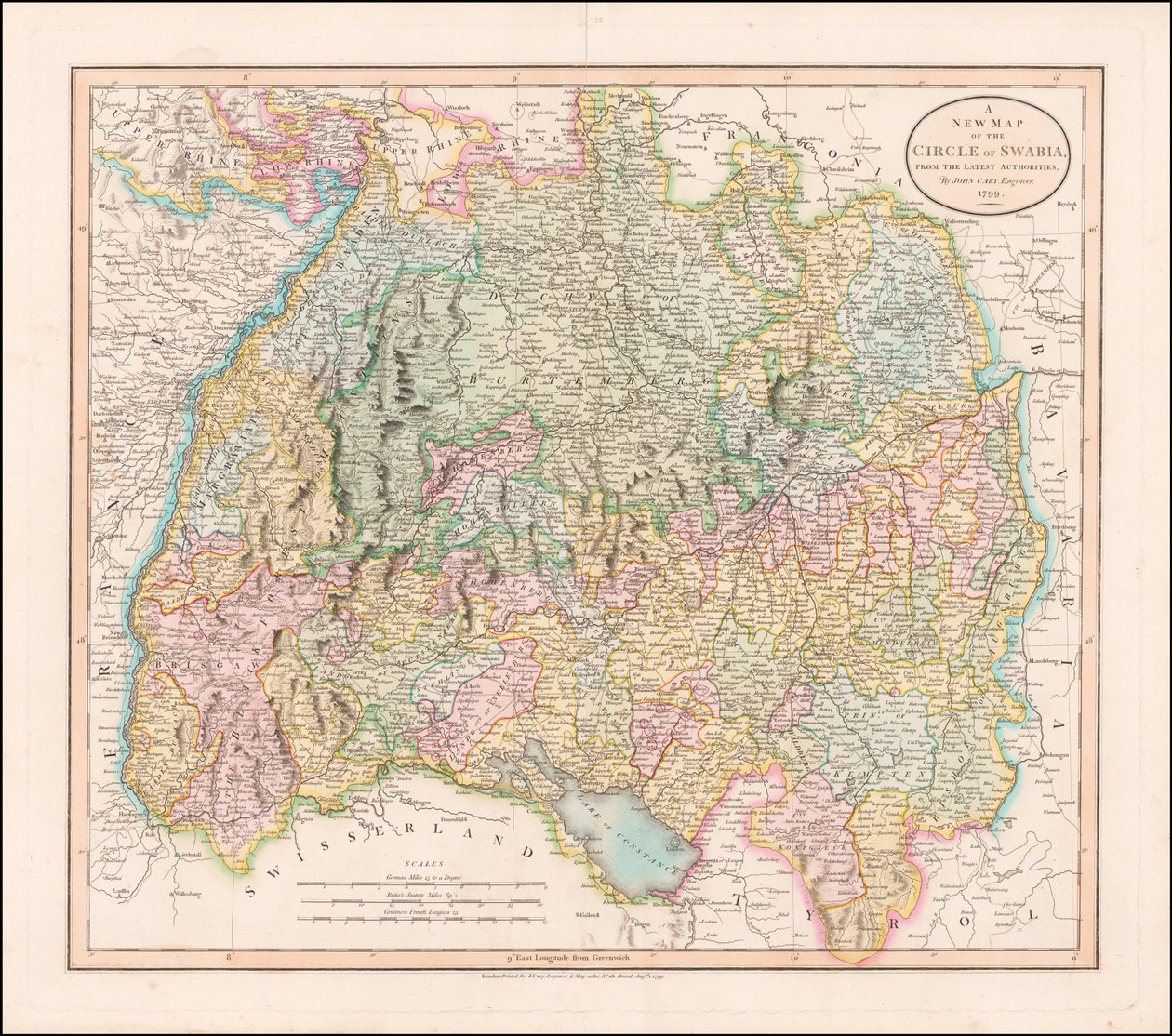 ジョン・ケーリーによる1799年のシュヴァーベン地図 作： ジョン・ケアリー