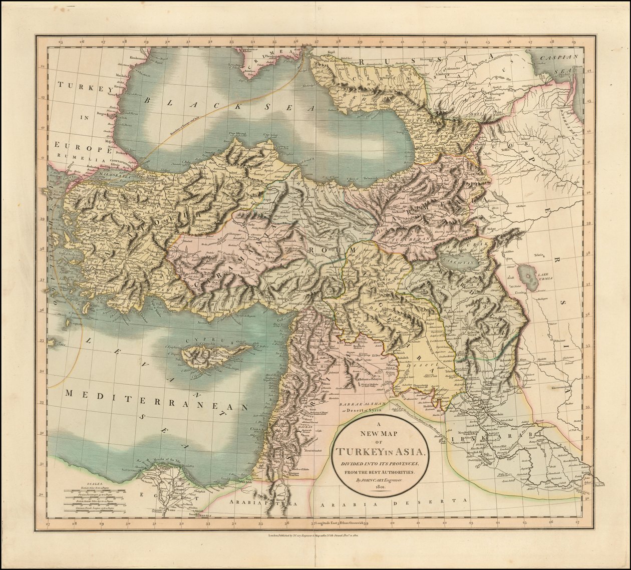 1801年、ジョン・ケーリーによるアジアのトルコ地図 作： ジョン・ケアリー