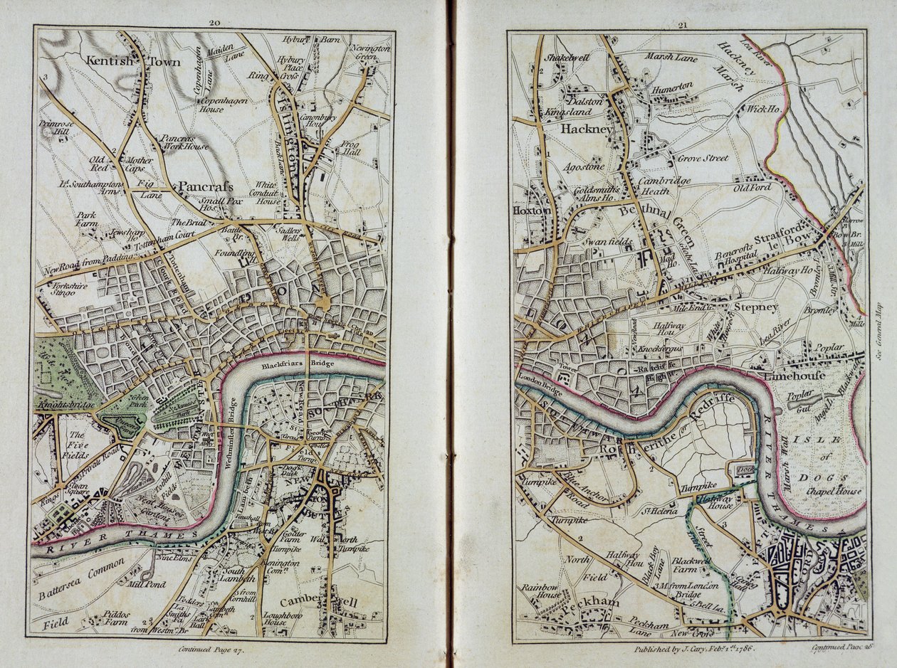 イーストロンドンの地図、プレート20〜21、 &39;Cary&39;s Actual Survey of Middlesex&39;、1786（hand-colored engraving） 作： ジョン・ケアリー