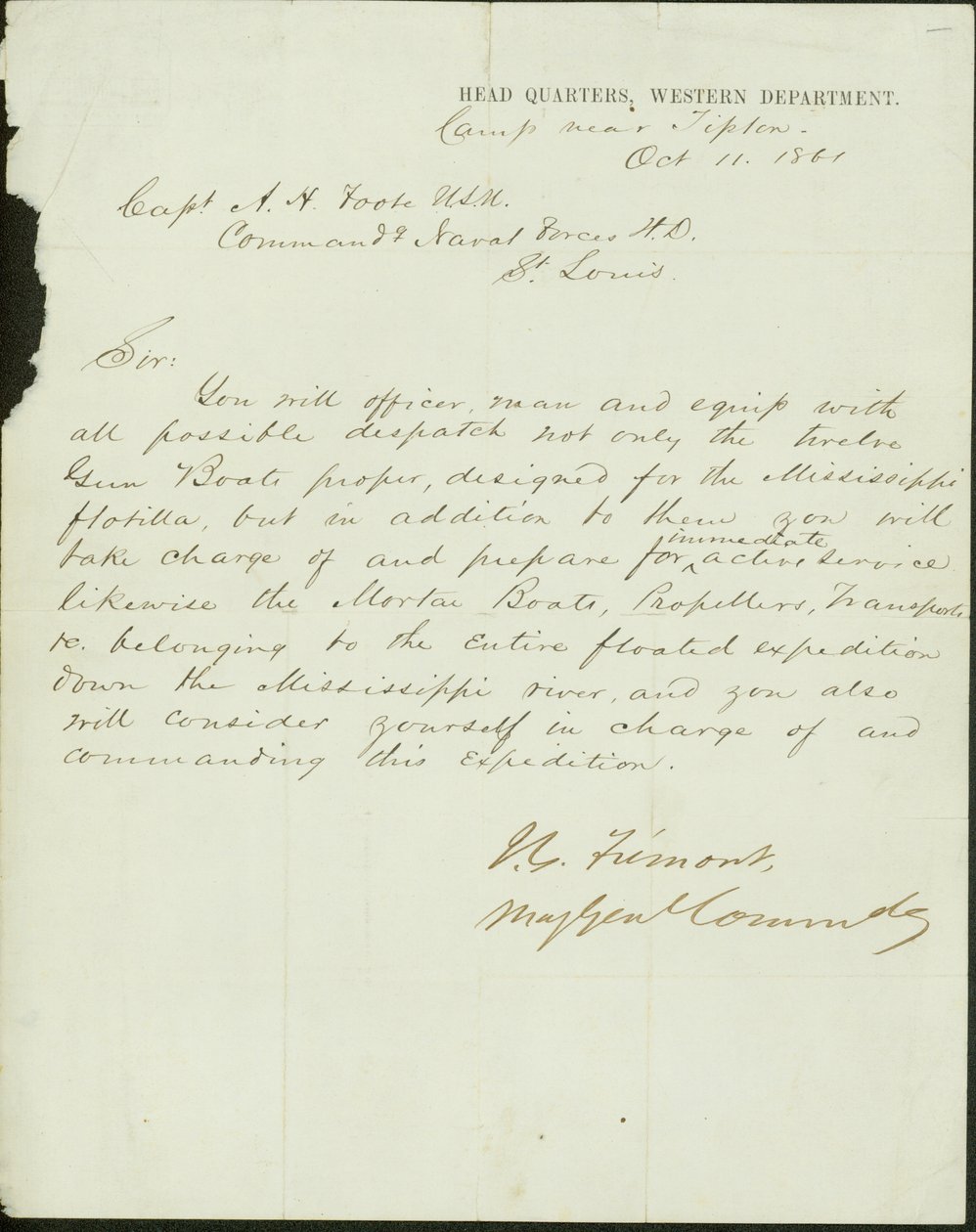 1861年10月11日、St.LouisのH.D.海軍部隊を指揮する米国海軍大尉A.H.Footに宛てた西部方面軍司令部少将J.C.Fremontの署名入り書簡 作： ジョン・チャールズ・フレモント