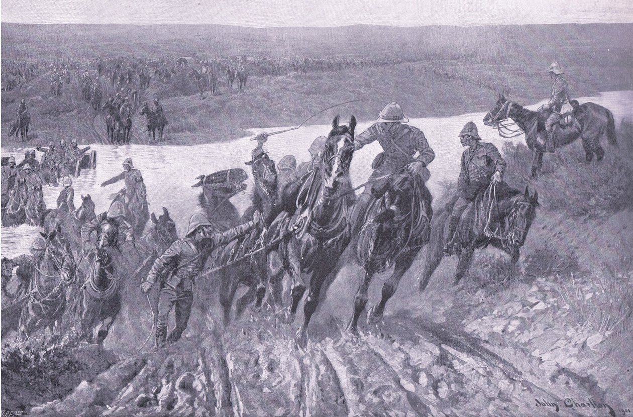 カーリーポールトドリフトでカレドンを造った砲兵隊、プレトリア後のイラスト：ゲリラ戦争、1902 作： ジョン・チャールトン