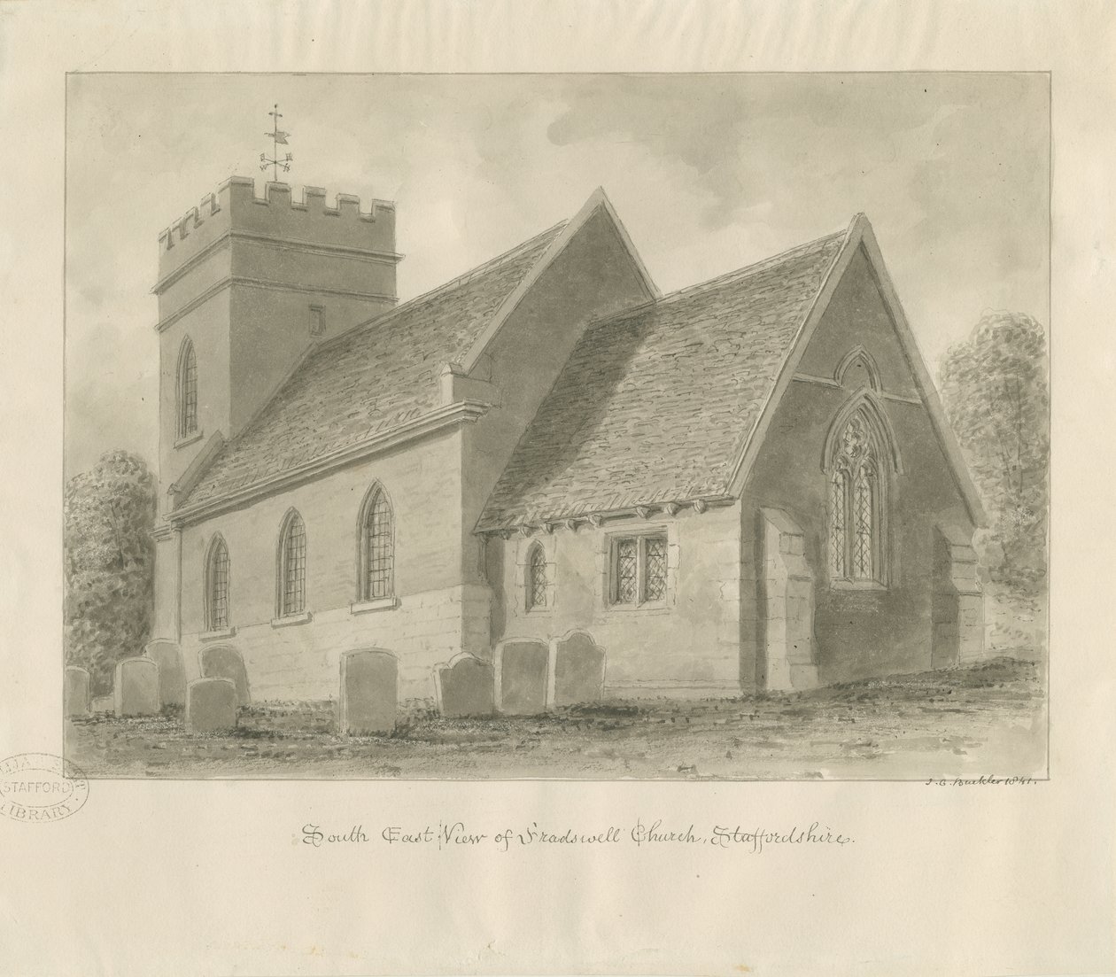 Fradswell Church：セピア画 作： ジョン・チェッセル・バックラー