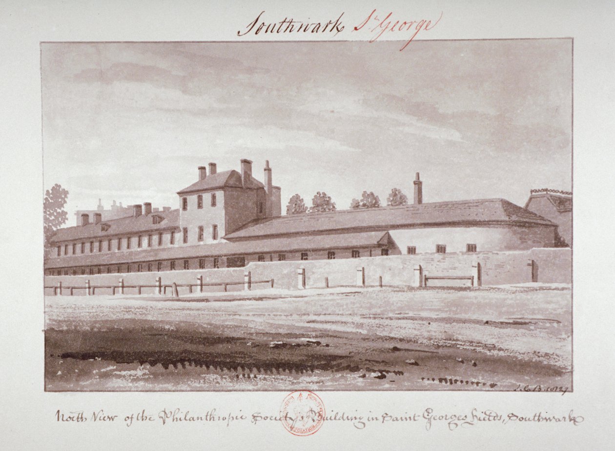 1827 年、ロンドン、サザーク、ロンドン ロードにある博愛協会機関の北側の眺め 作： ジョン・チェッセル・バックラー