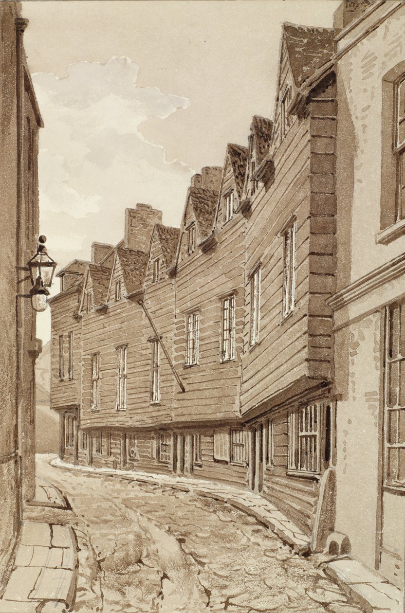 1828年、バーモンドジーのミルレーンにある古い家屋。 作： ジョン・チェッセル・バックラー