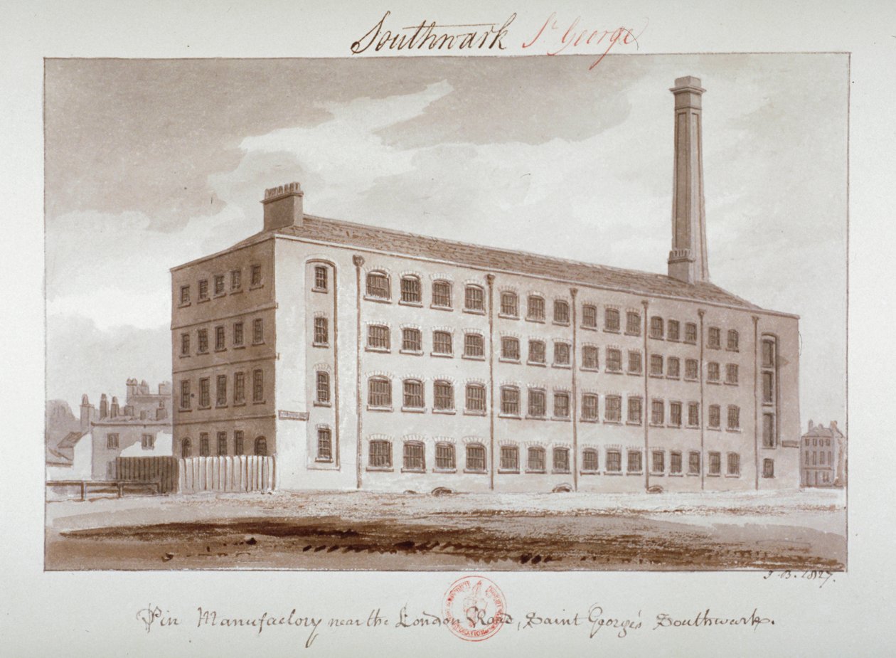 1827年、ロンドン、サザーク、ロンドンロード近くのピン工場 作： ジョン・チェッセル・バックラー