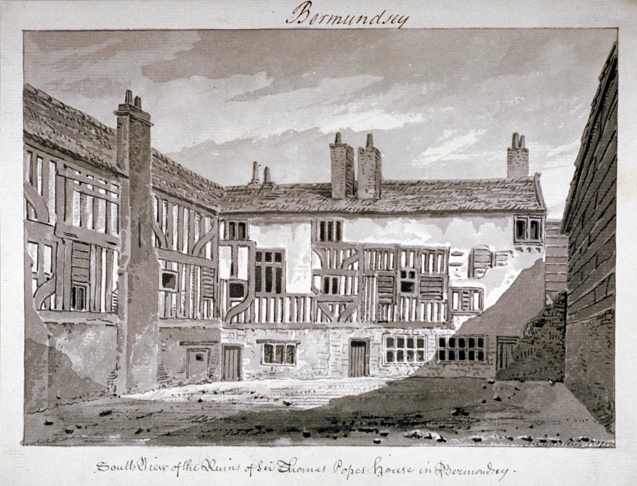 1808 年、ロンドン、バーモンジー、ミル レーンにあるトマス ポープの家の遺跡の南側の眺め。 作： ジョン・チェッセル・バックラー